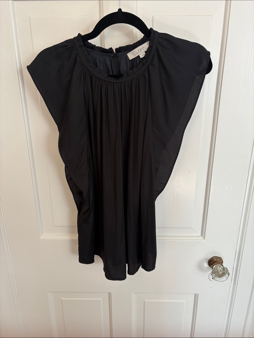 LOFT Black Flutter Sleeve Blouse with Gathered Neckline